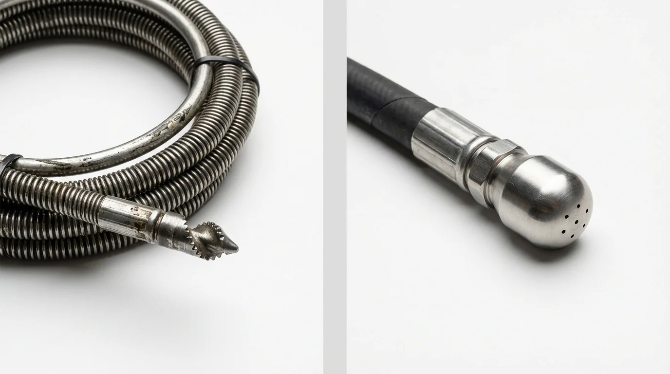 Drain snake cable and hydro jetting nozzle used for drain cleaning in Preston, IA