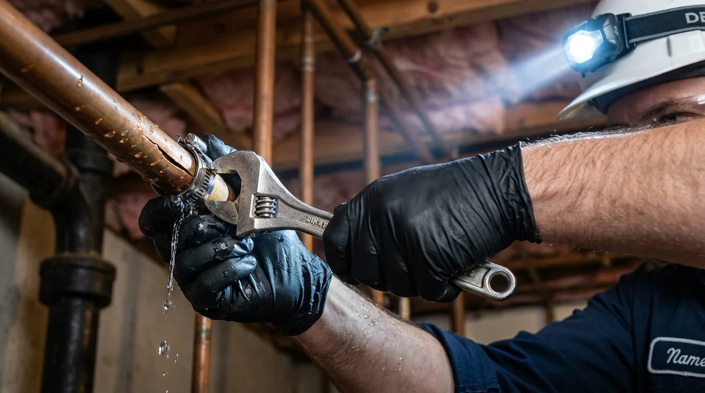 Emergency pipe clamp repair being performed by a Johns Plumbing LLC plumber in Preston
