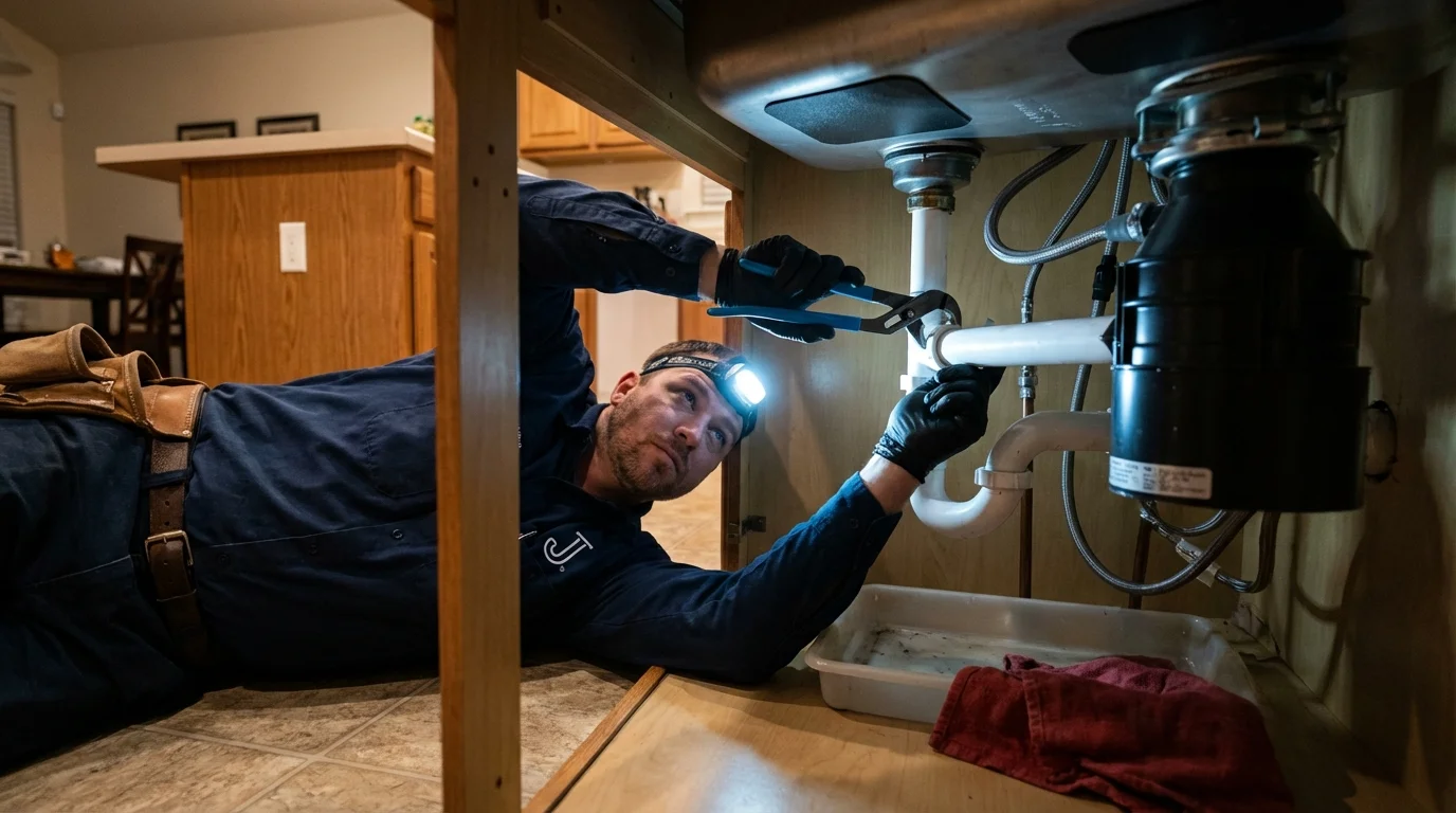 P-trap and supply line connections under a kitchen sink showing a common leak point in Preston, IA